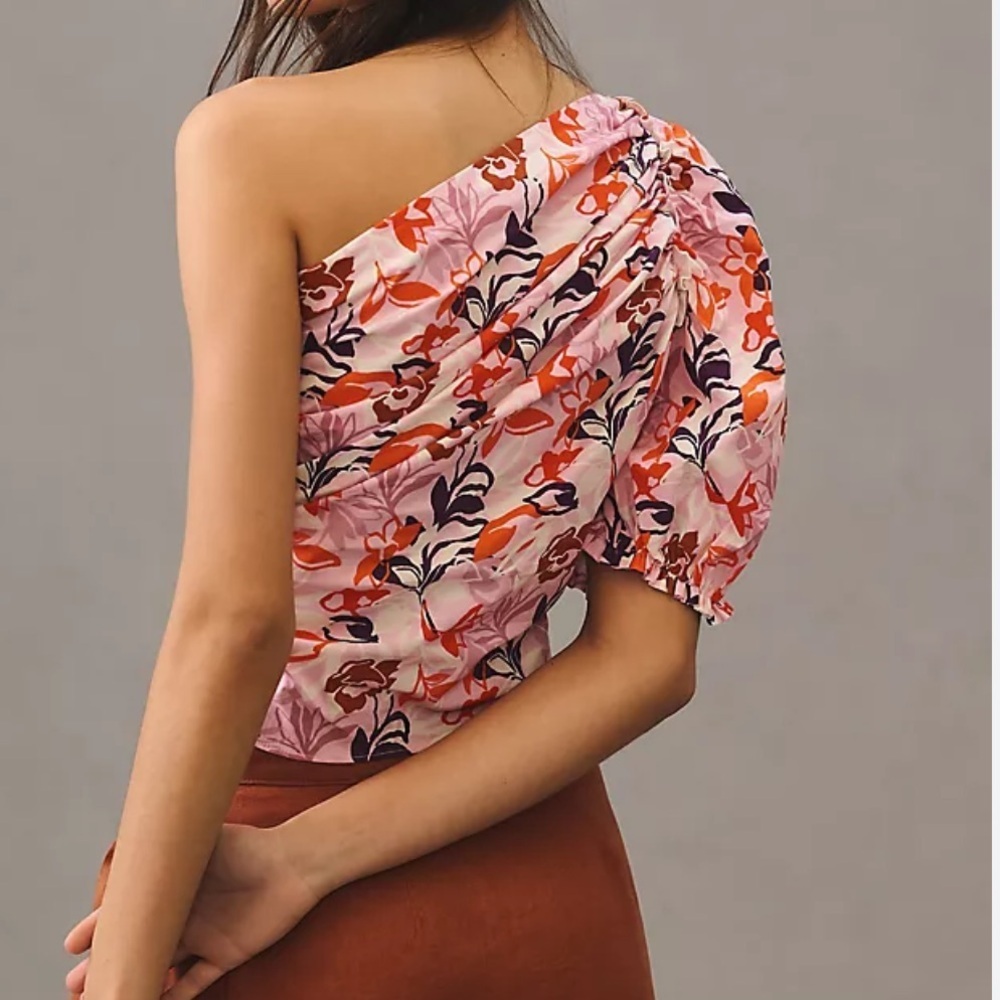 Anthropologie Pink and Orange Floral One-Shoulder Blouse Women’s XS - Picture 1 of 5